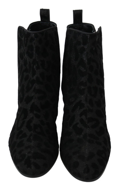 Dolce & Gabbana Elegante schwarze kurze Stiefel mit Leopardenmuster