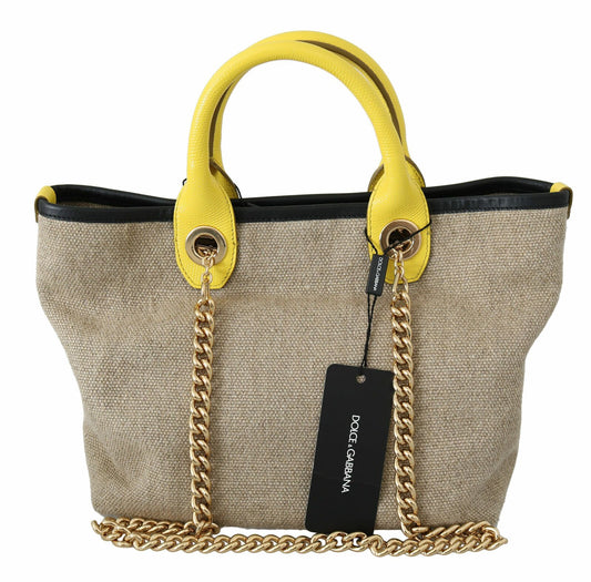 Dolce & Gabbana Beigefarbene Leinen Calf Tasche mit Goldkette