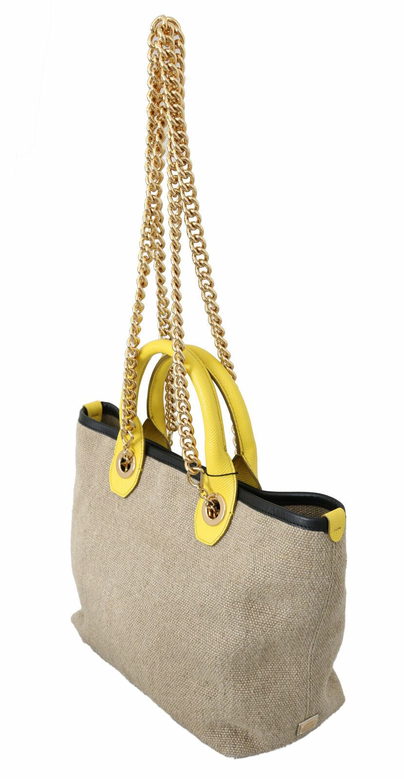 Dolce & Gabbana Beigefarbene Leinen Calf Tasche mit Goldkette