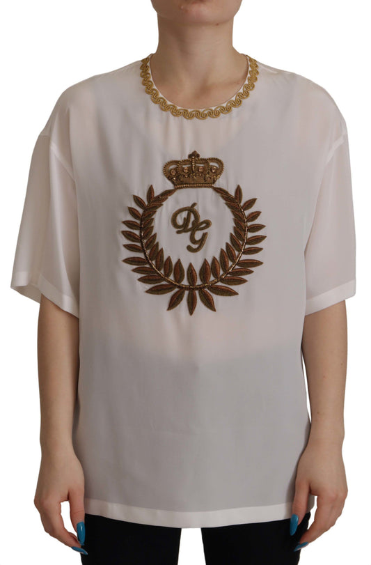 Dolce & Gabbana Elegante Seidenbluse mit Goldkronen-Stickerei