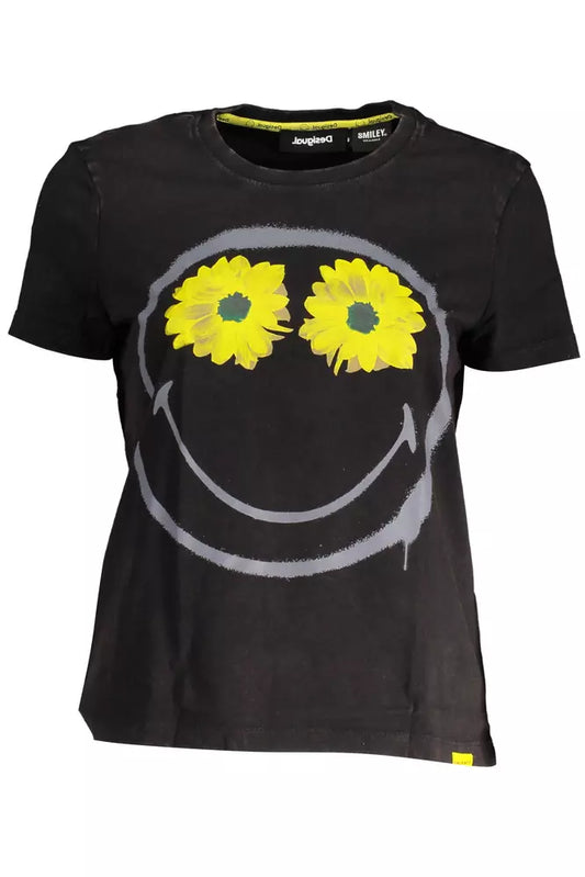 Desigual Schickes schwarzes bedrucktes Baumwoll-T-Shirt mit Logo