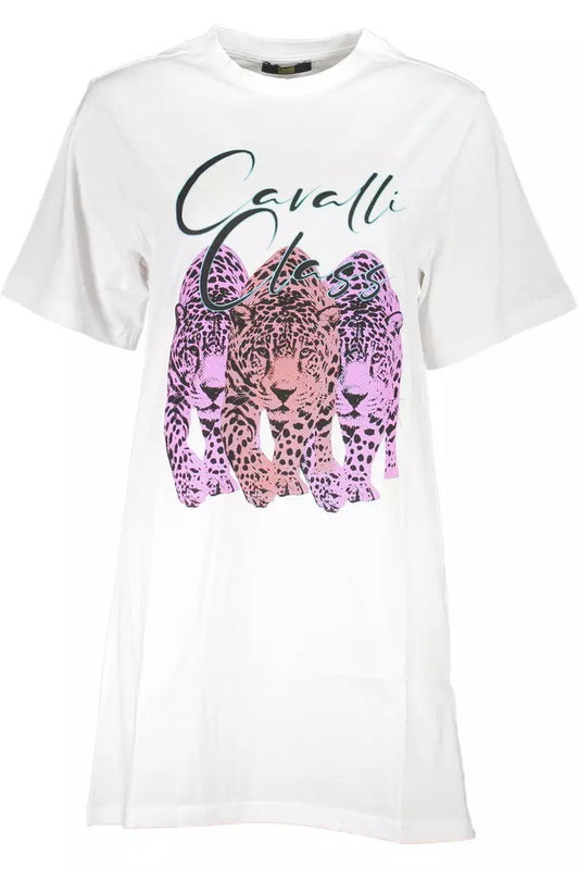 Abito Cavalli Class Chic in cotone bianco con stampa iconica