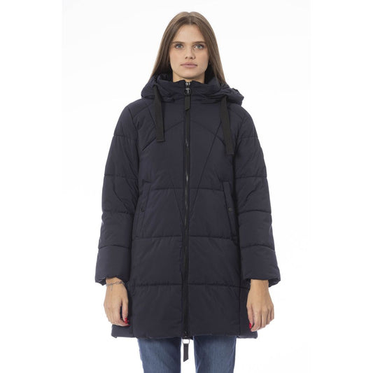 Baldinini Trend Elegante lange blaue Daunenjacke mit Zip-Verschluss