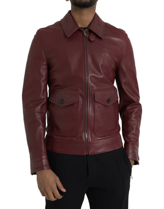 Dolce & Gabbana Maroon Exotisches Leder Zip Biker Mantel Jacke