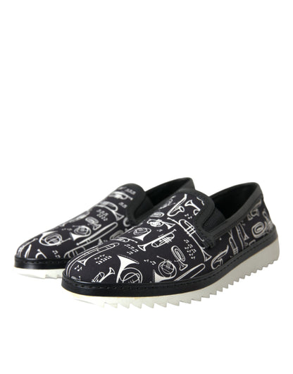 Dolce & Gabbana Schwarzes Instrument Druck Slip On Loafers Schuhe