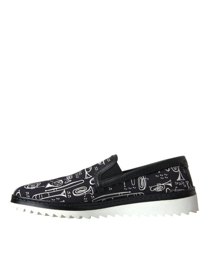 Dolce & Gabbana Schwarzes Instrument Druck Slip On Loafers Schuhe