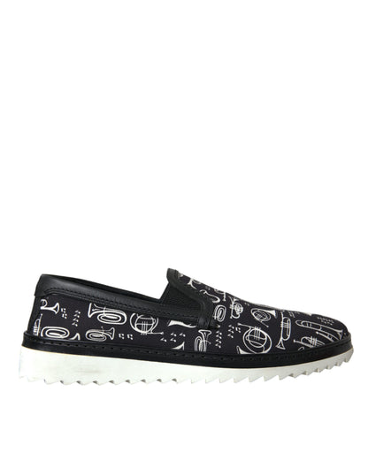 Dolce & Gabbana Schwarzes Instrument Druck Slip On Loafers Schuhe