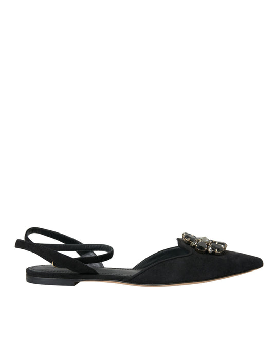 Dolce & Gabbana Schwarze Leder Kristall Slingback Sandalen