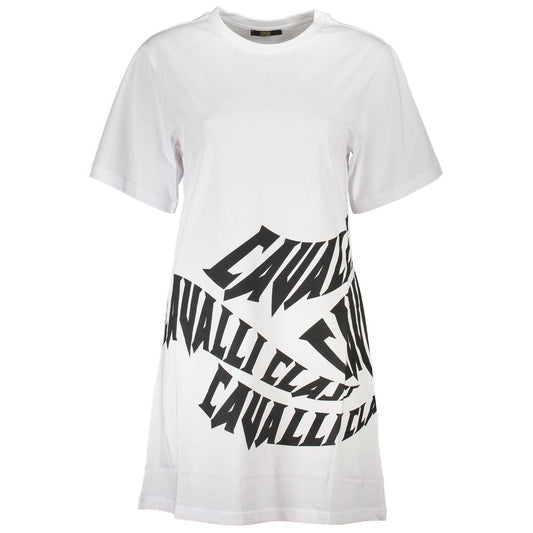 Cavalli Class Elegant white cotton dress with designer print