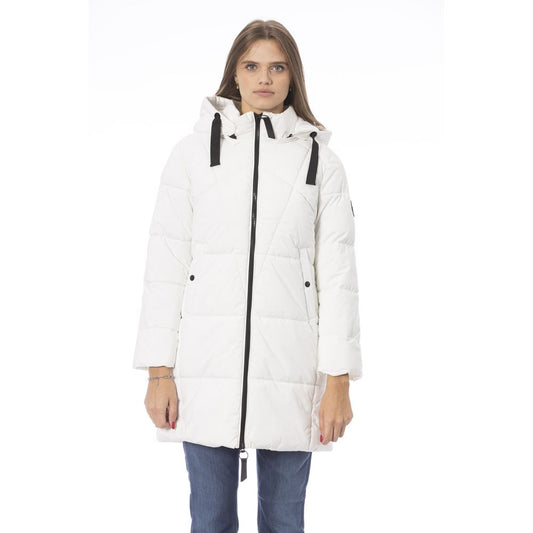 Baldinini Trend Elegante weisse lange Daunenjacke mit Monogramm-Detail