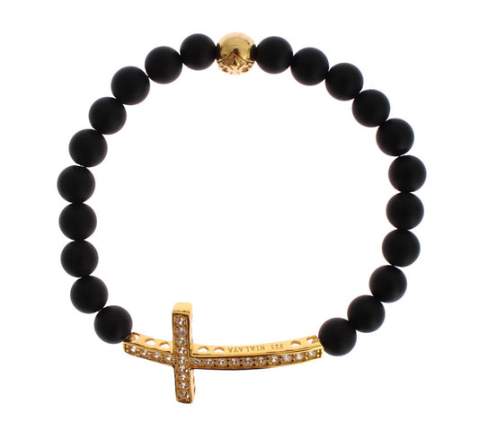 Nialaya Chic Matte Onyx Pearl &amp; CZ Diamond Cross Bracelet