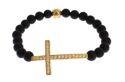 Nialaya Chic Matte Onyx Perle & CZ Diamant Kreuz-Armband